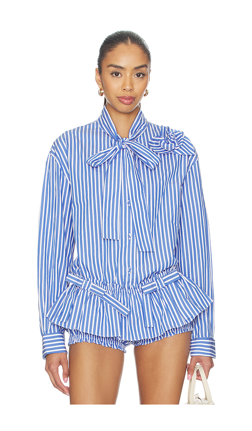 AKNVAS Flor Poplin Deep Blue Stripe Shirt With One Rose in Blue. XS. Also in S, M