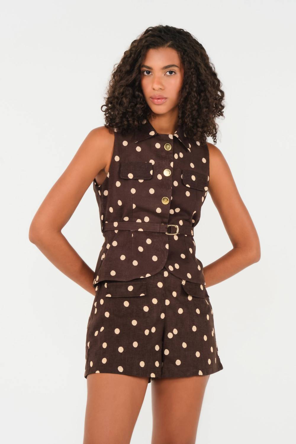 Stella'S Sleeveless Top In Brown Polka Dot Linen