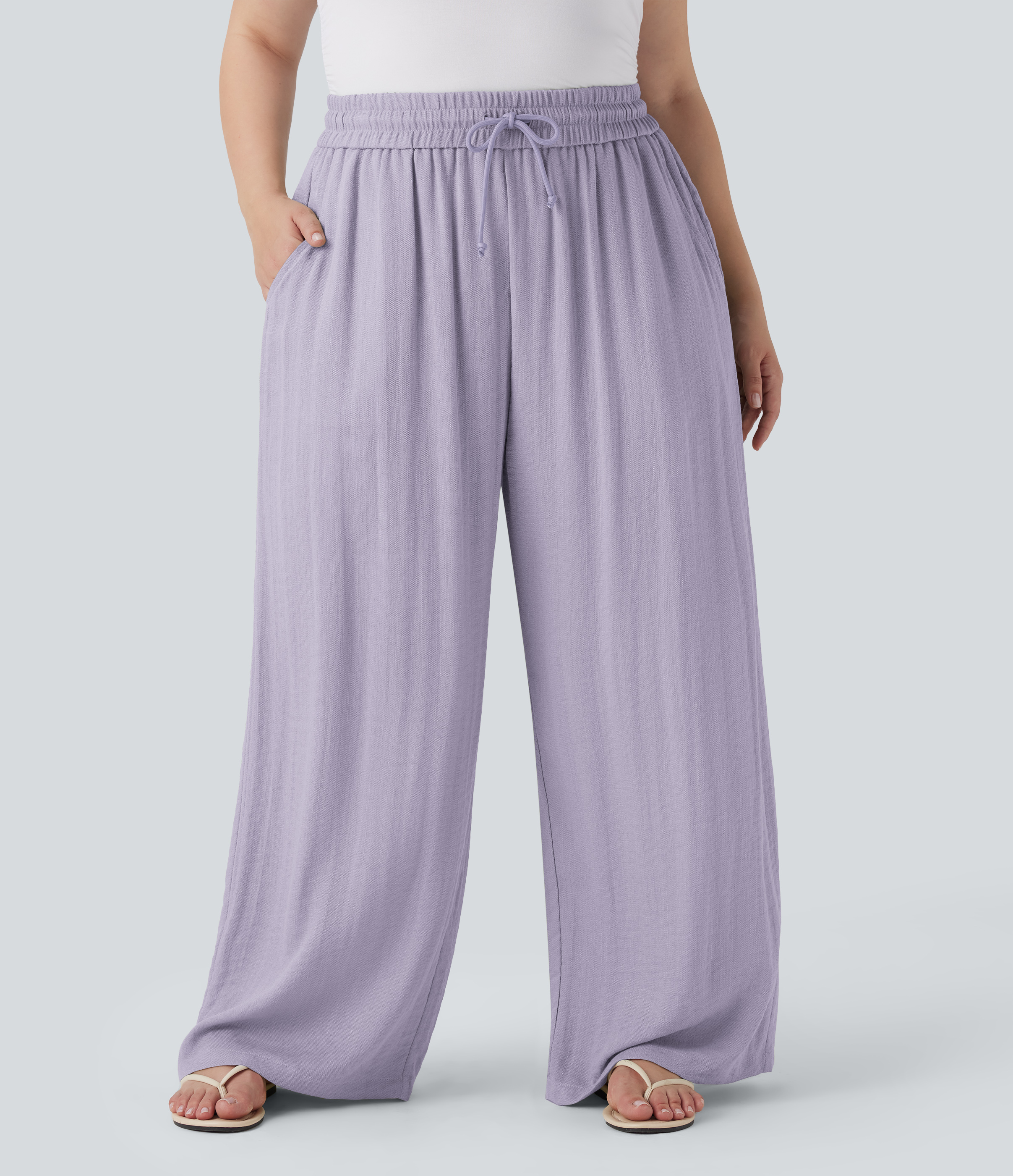 High Waisted Drawstring Linen-Feel Wide Leg Casual Plus Size Pants with Pockets  - Wanderlust - Lilac