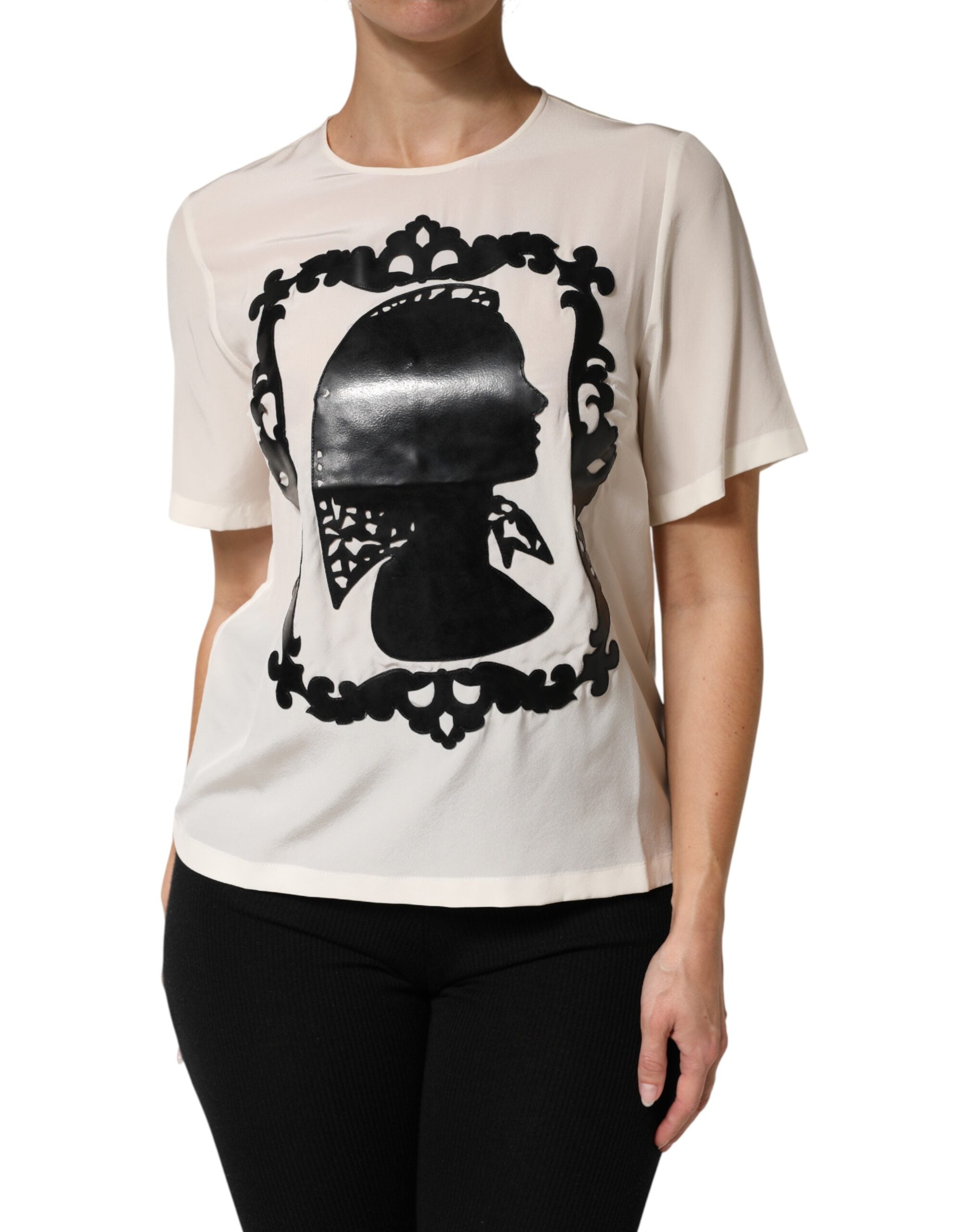 Silhouette-Print Silk Blouse — Beige