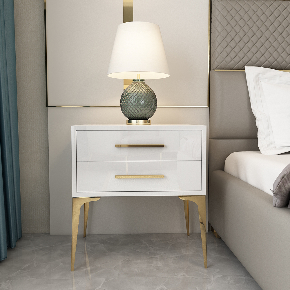 Modern White Bedside Table Glossy 2-Drawer Classic Bedside Cabinet High Leg