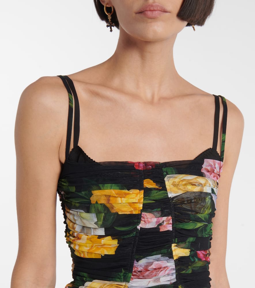 Floral ruched tulle midi dress