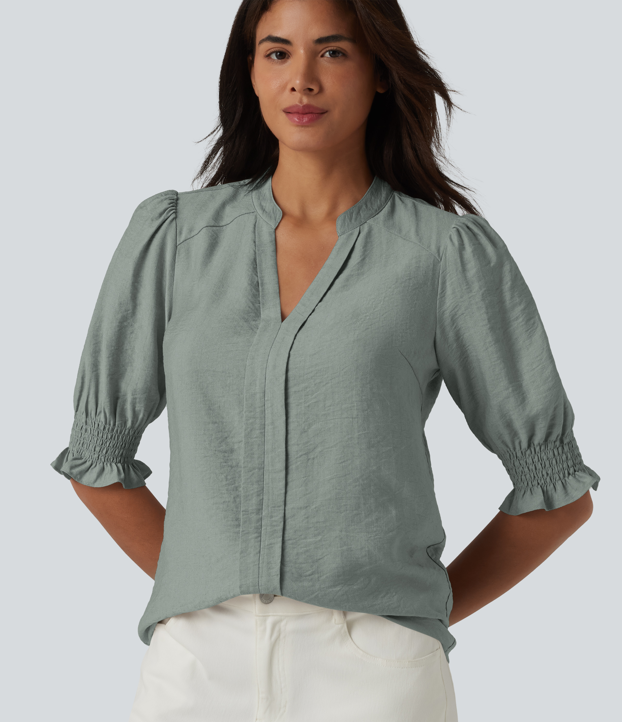 V Neck Puff Short Sleeve Casual Blouse  - Oil Blue