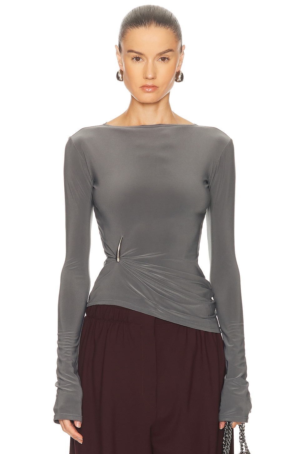 Grace Ling Claw Draped Long Sleeve Top in Grey