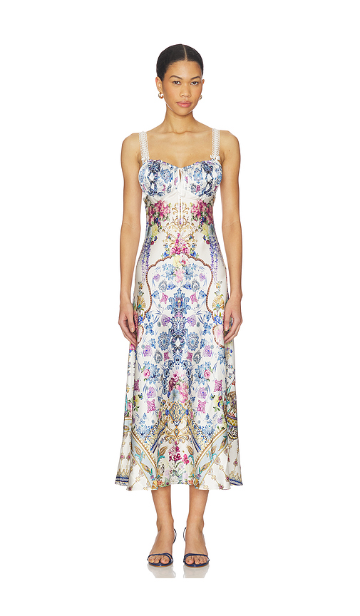 Camilla Gathered Bodice Bias Dress in Blue. M. Also in