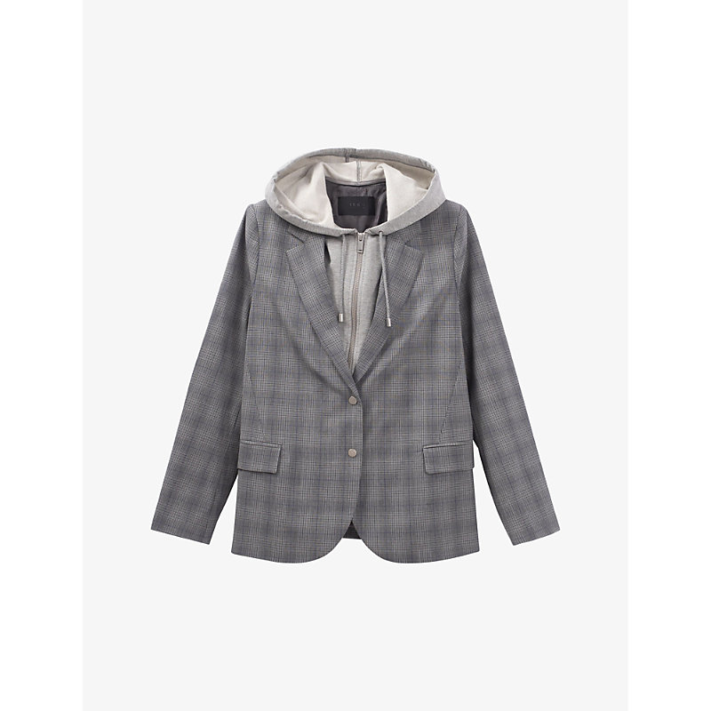 Womens Grey Check-print Hooded Stretch-woven Blazer