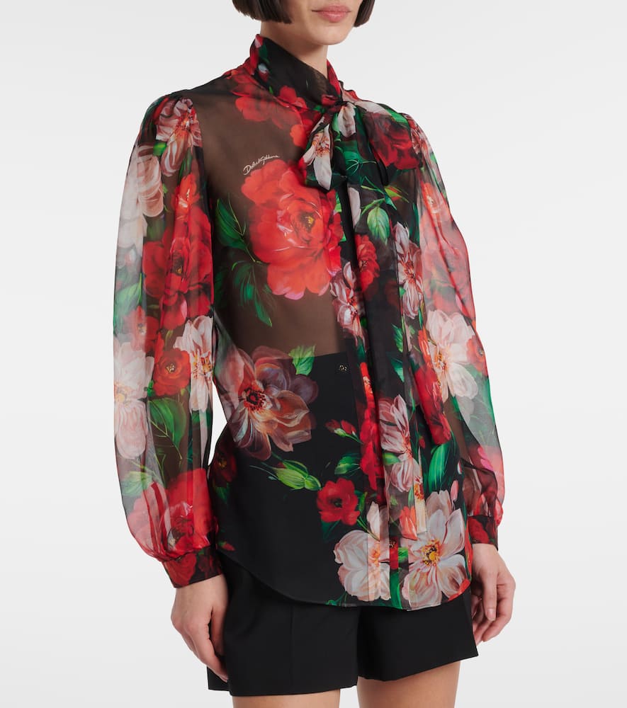 Floral tie-neck silk organza shirt