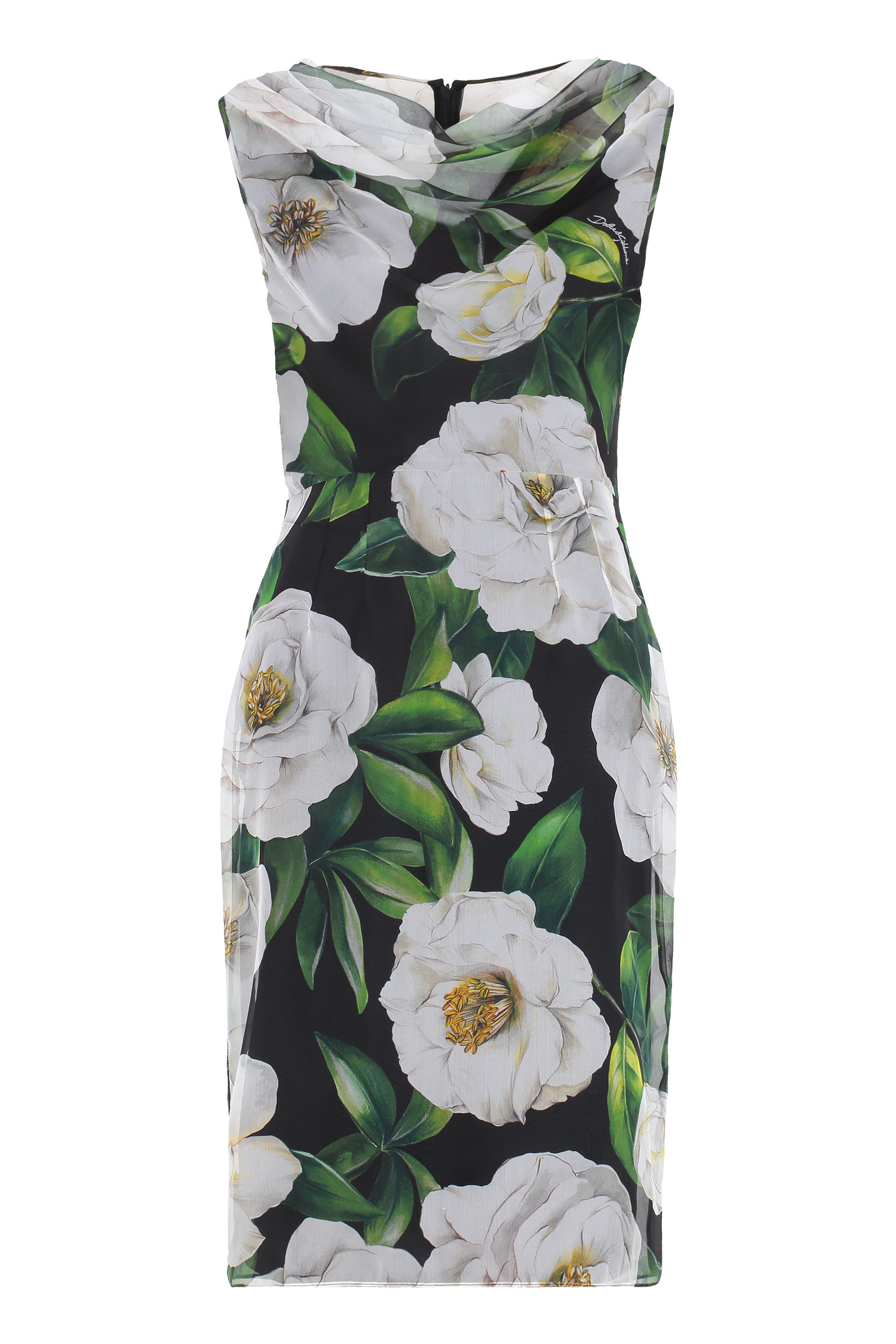 Floral Printed Silk Mini Dress with Draped Neckline