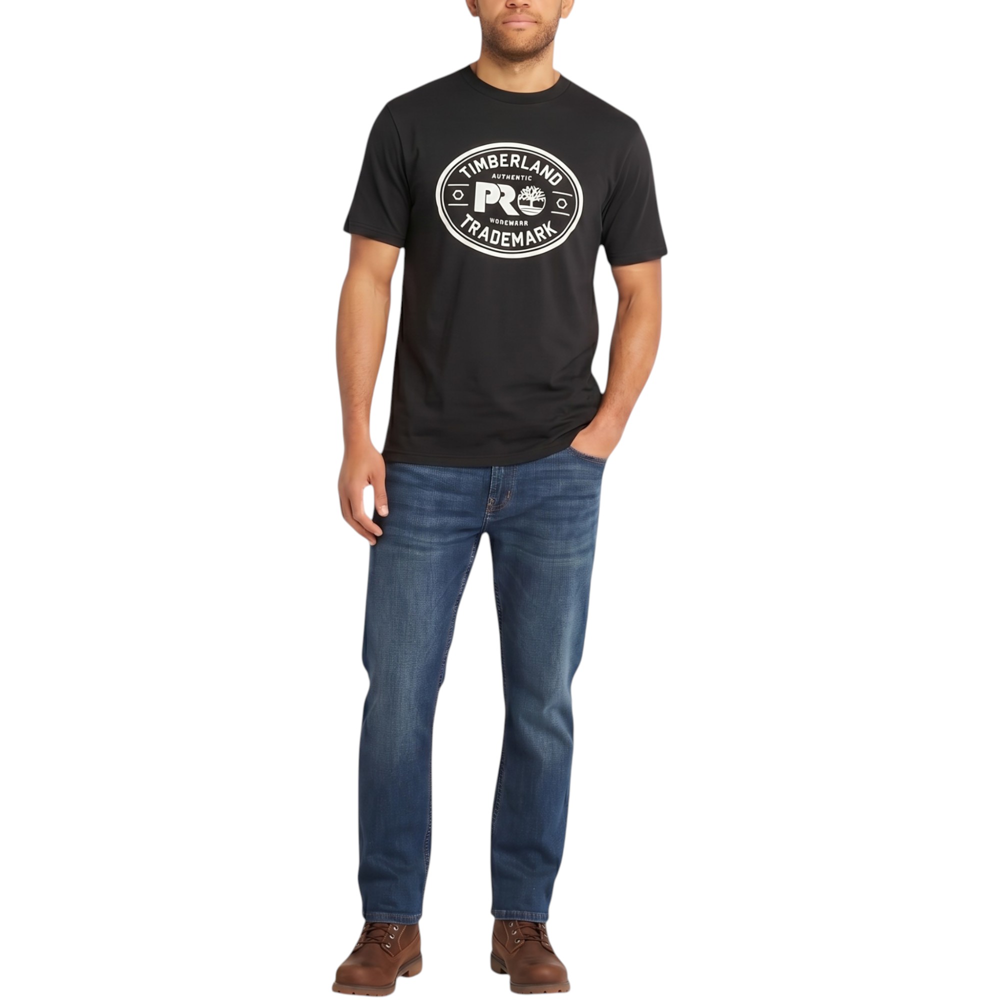 Timberland Pro Trademark Mens Classic Logo T Shirts Summer Crew Neck Top NEW - Black Cotton - Large