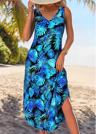 Modlily Blue Tummy Coverage Leaf Print A Line Sleeveless Dre