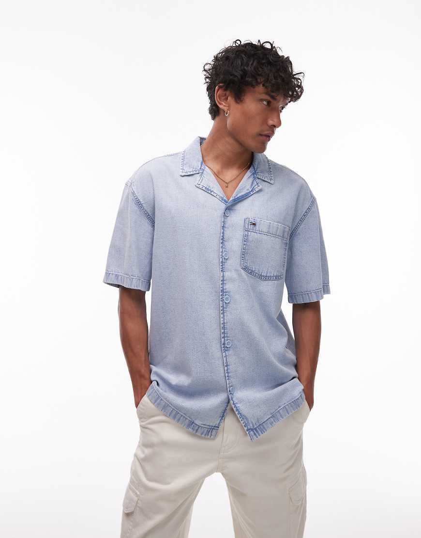 Denim bowler shirt in light wash-Blue