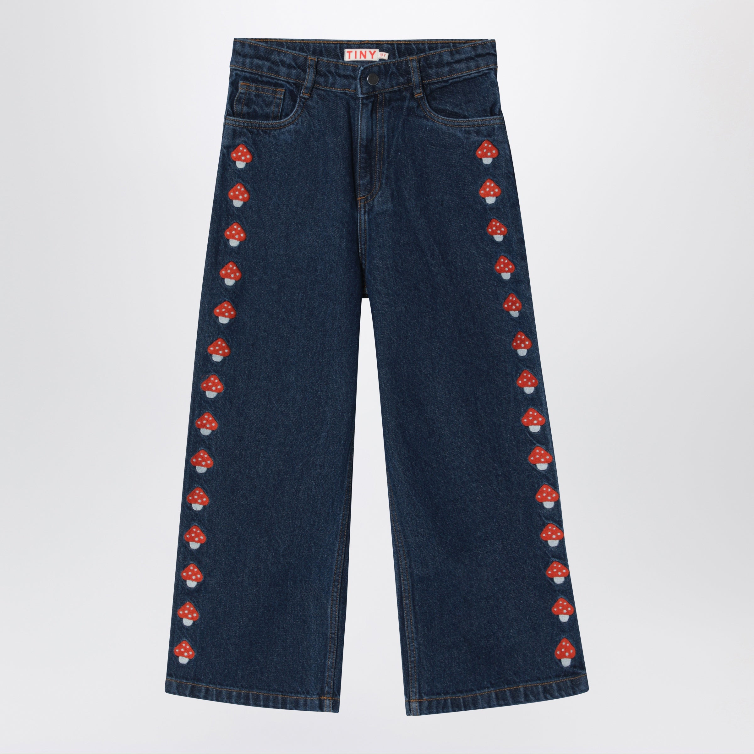 Dark blue jeans with embroidered mushrooms