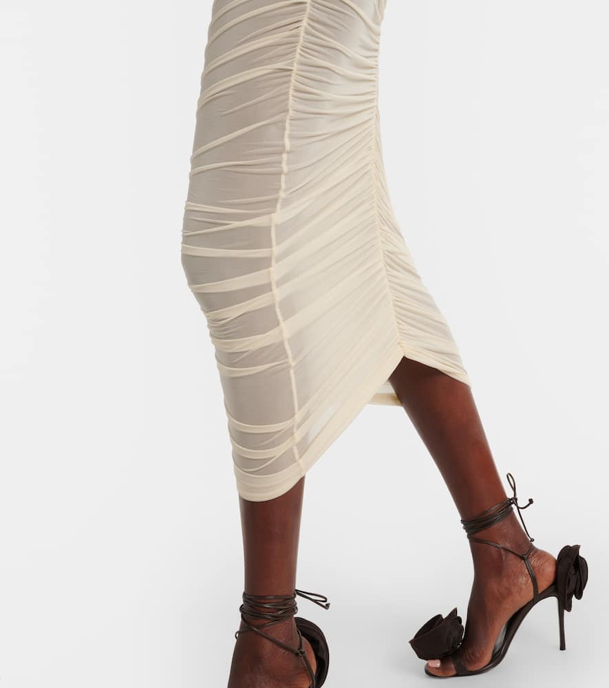 Semi-sheer ruched jersey midi dress