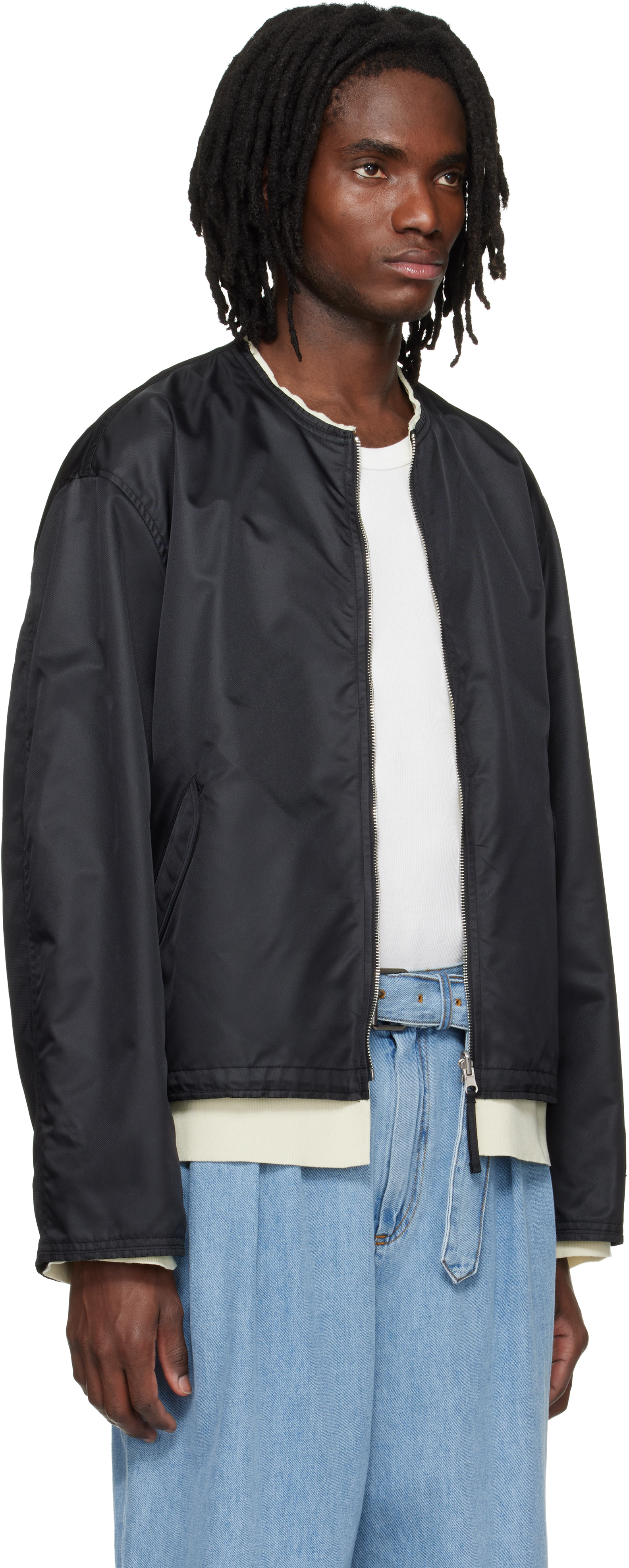 Black Layered Collarless Reversible Bomber Jacket
