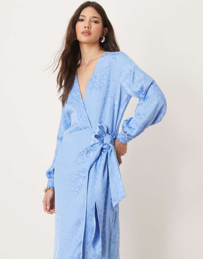Never Fully Dressed Womens satin embossed wrap midaxi dress in powder blue - Sky Blue