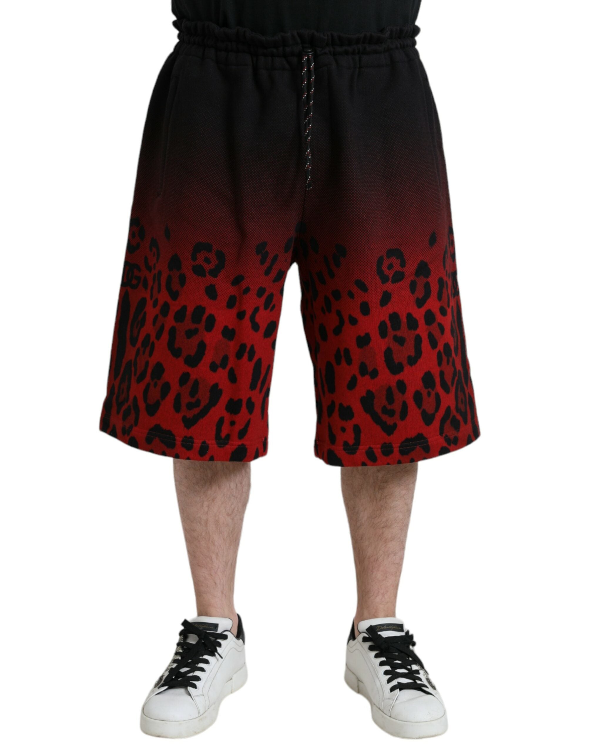 Leopard Print Cotton Bermuda Shorts — Red