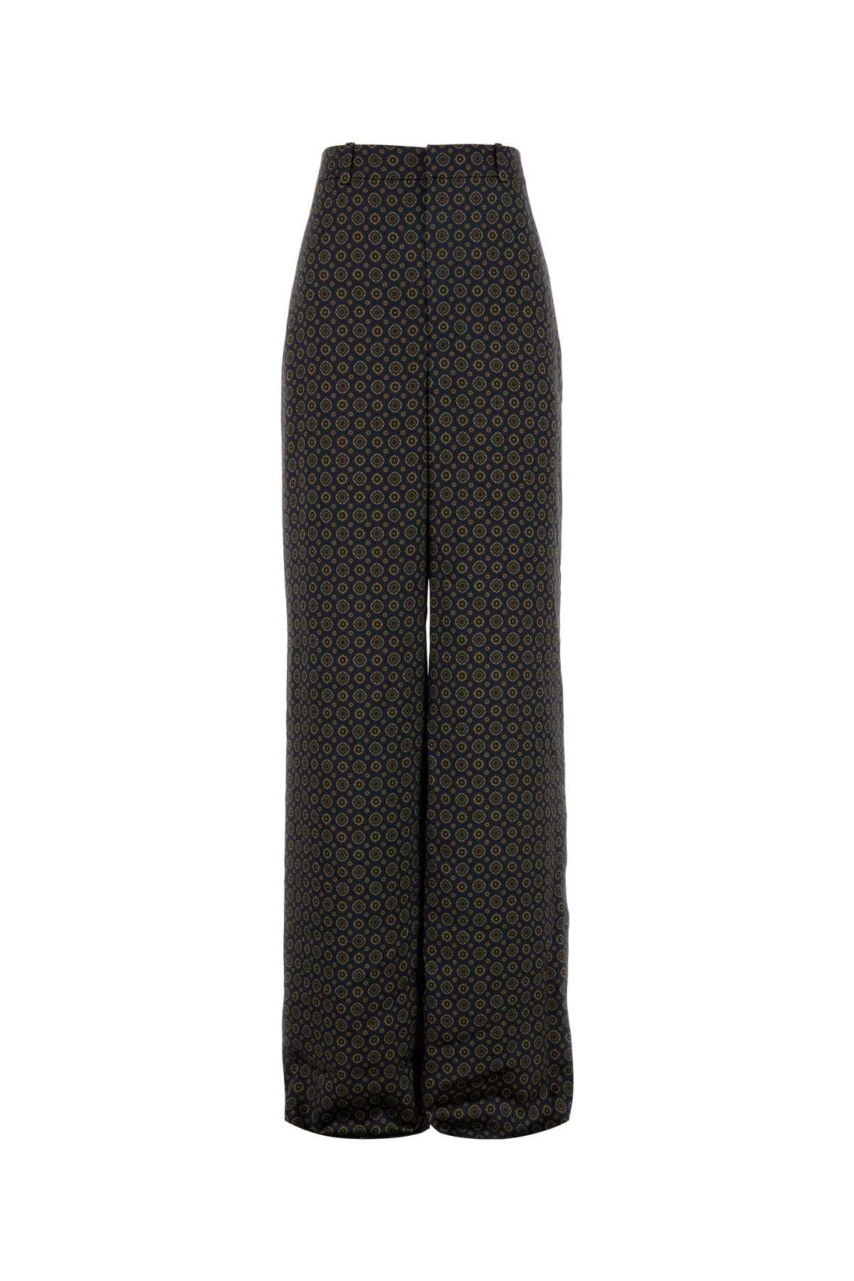 Printed Satin Wide-Leg Trousers — Navy