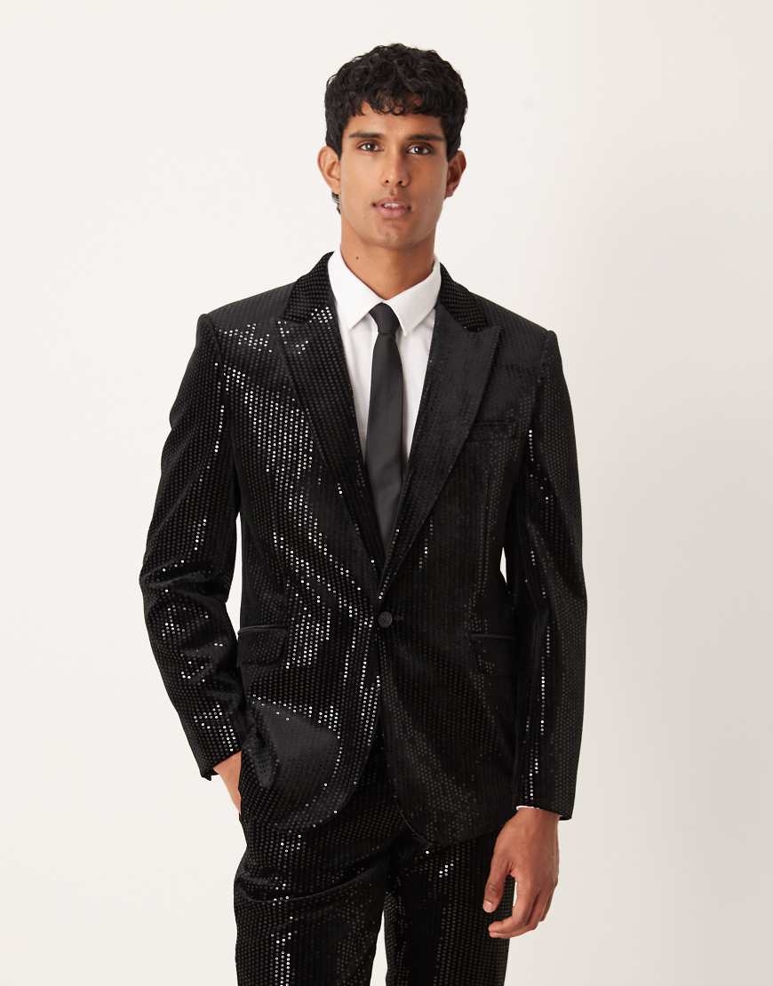 Slim suit jacket in velvet sequin in black