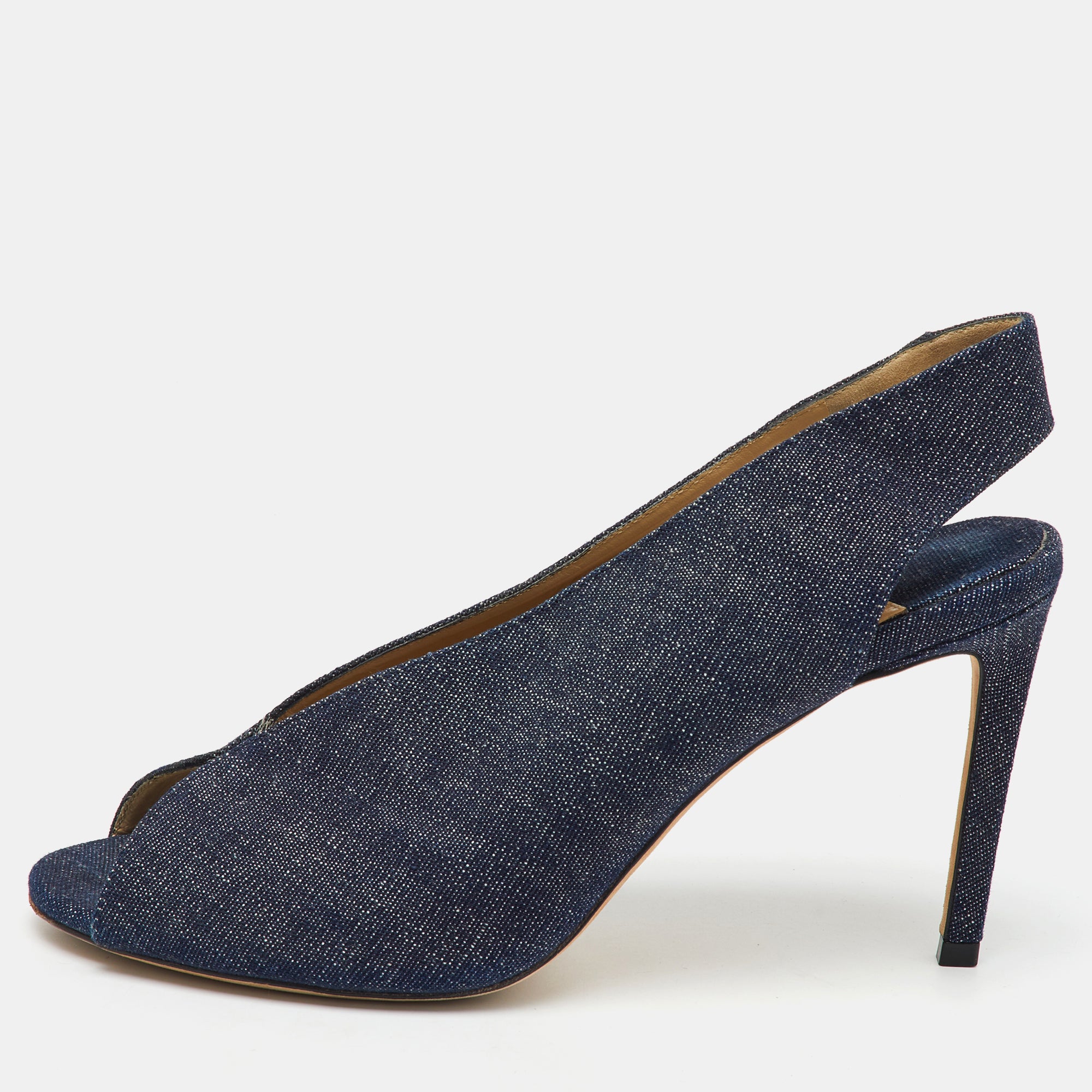 Navy Blue Denim Shar Peep Toe Slingback Pumps