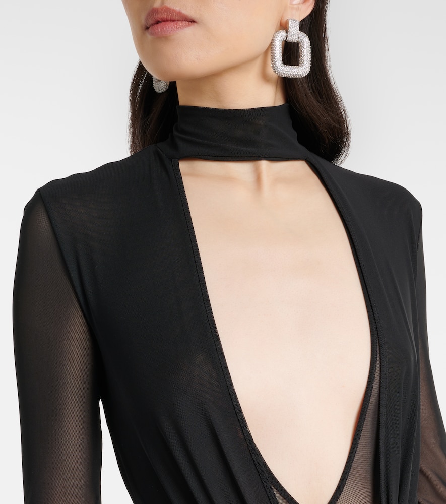 Floral-appliqué mesh gown