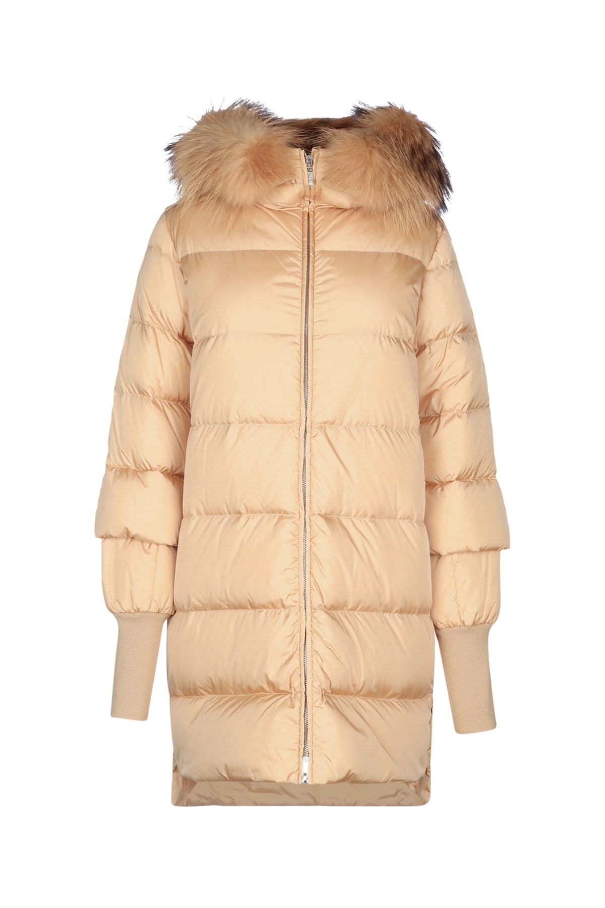 Fur-Trimmed Puffer Down Jacket — Beige