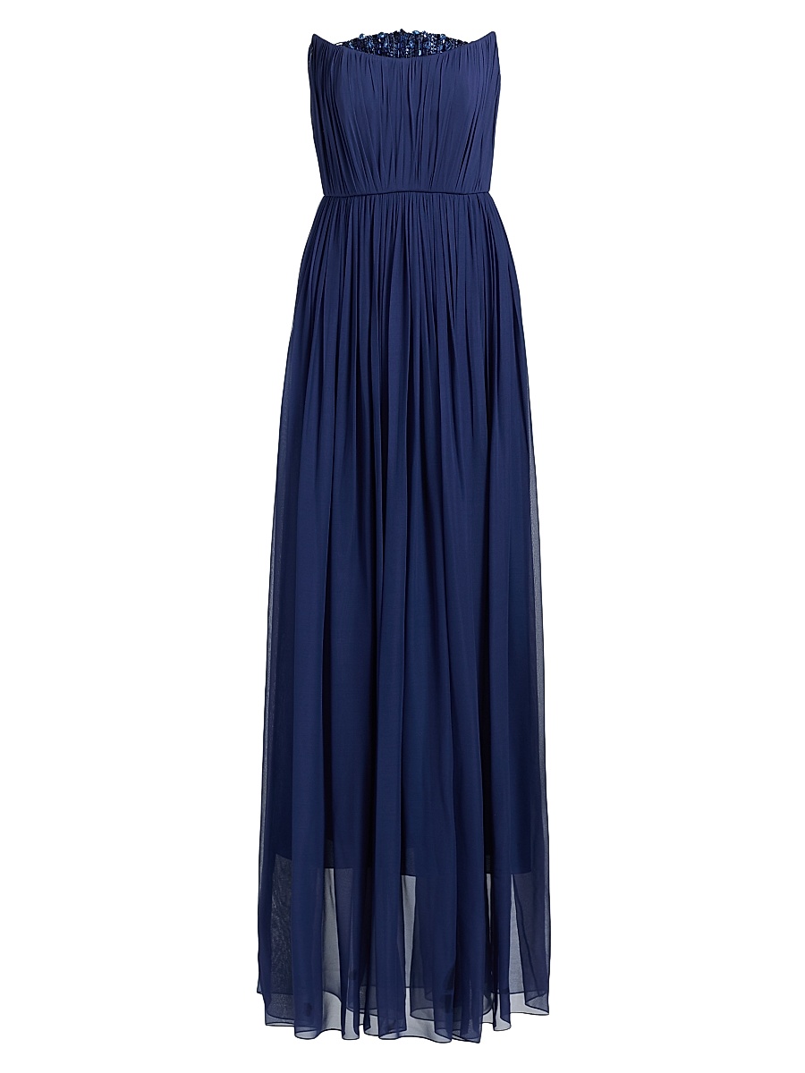 Women's Embellished Silk Chiffon A-Line Gown - Navy