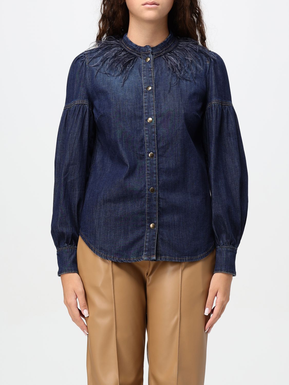 Feather-detail denim shirt - Blue