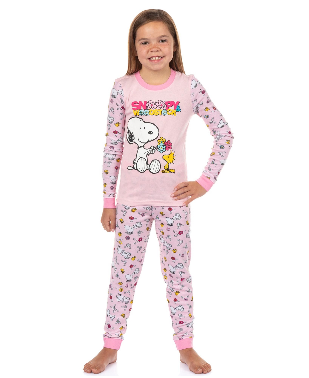 Little Girls Snoopy and Woodstock Pajamas 2PC Tight Fit Sleep Set - Pink