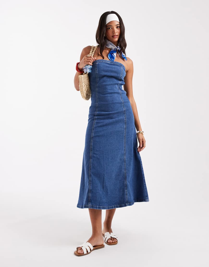 Denim bandeau skater dress in medium blue