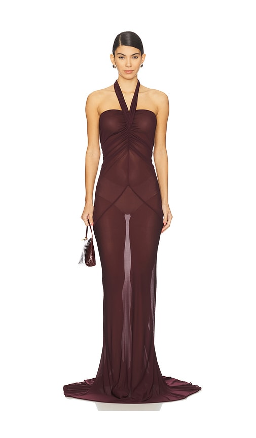 Atlein Halter Neck Ruched Gown in Burgundy - Burgundy. 40 also
