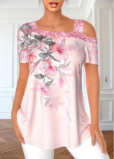 Modlily Light Pink Sequin Floral Print T Shirt