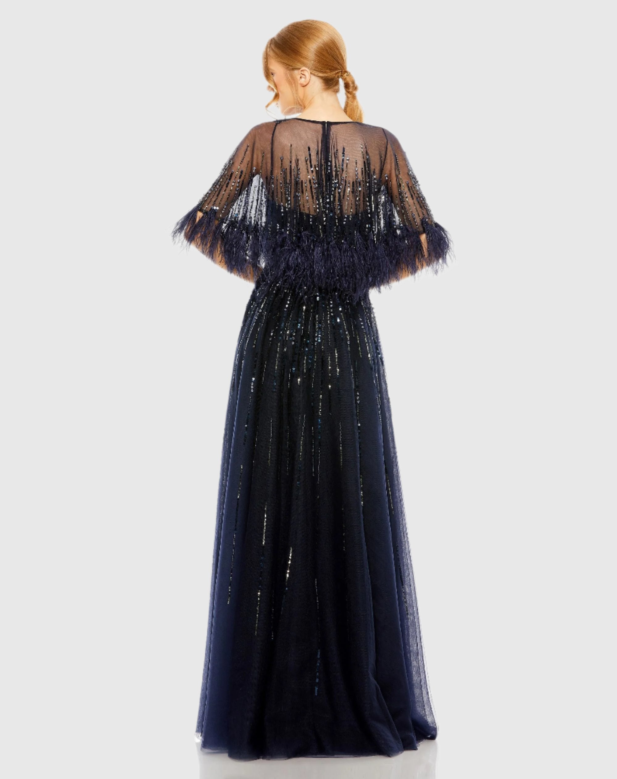 Blue Embellished A Line Wedding Guest Dress with Feather Detail Cape
