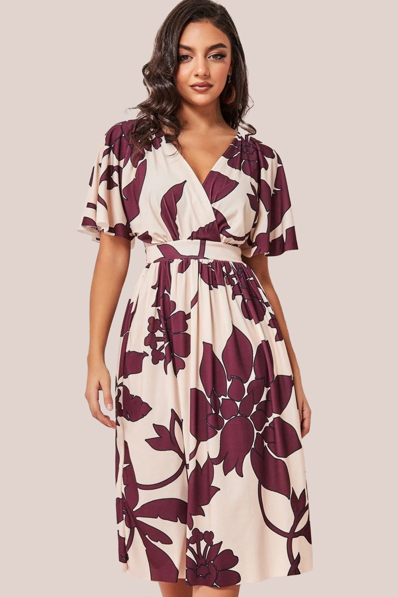 Goddiva Leaf Print Flutter Sleeve Midi - Crea
