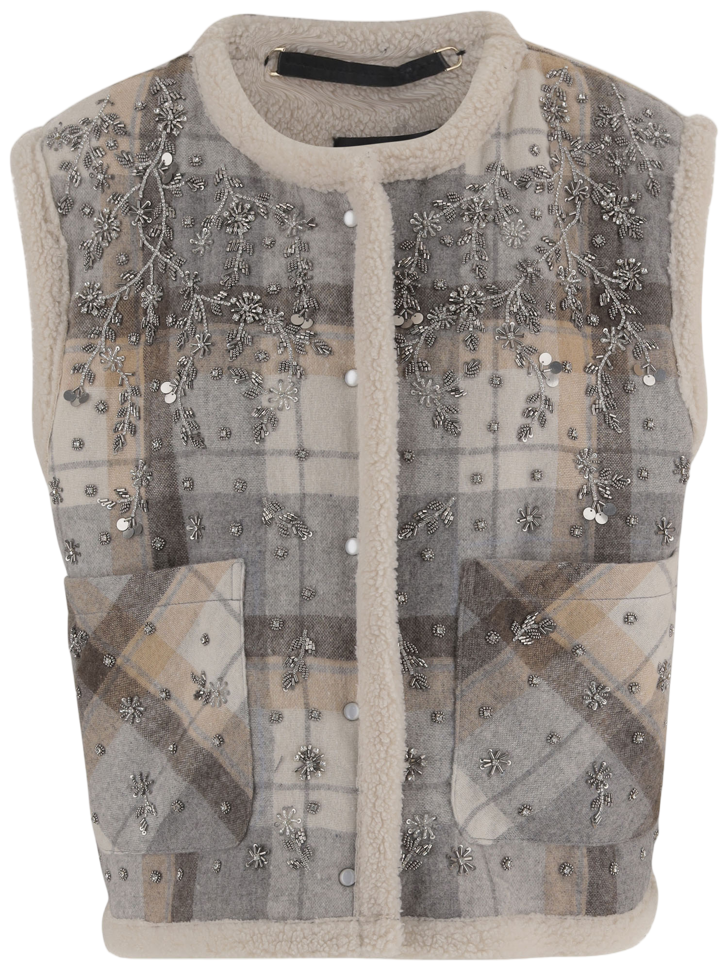 Multi-Tone Checked Vest With Floral Embroidery And Snap Closure