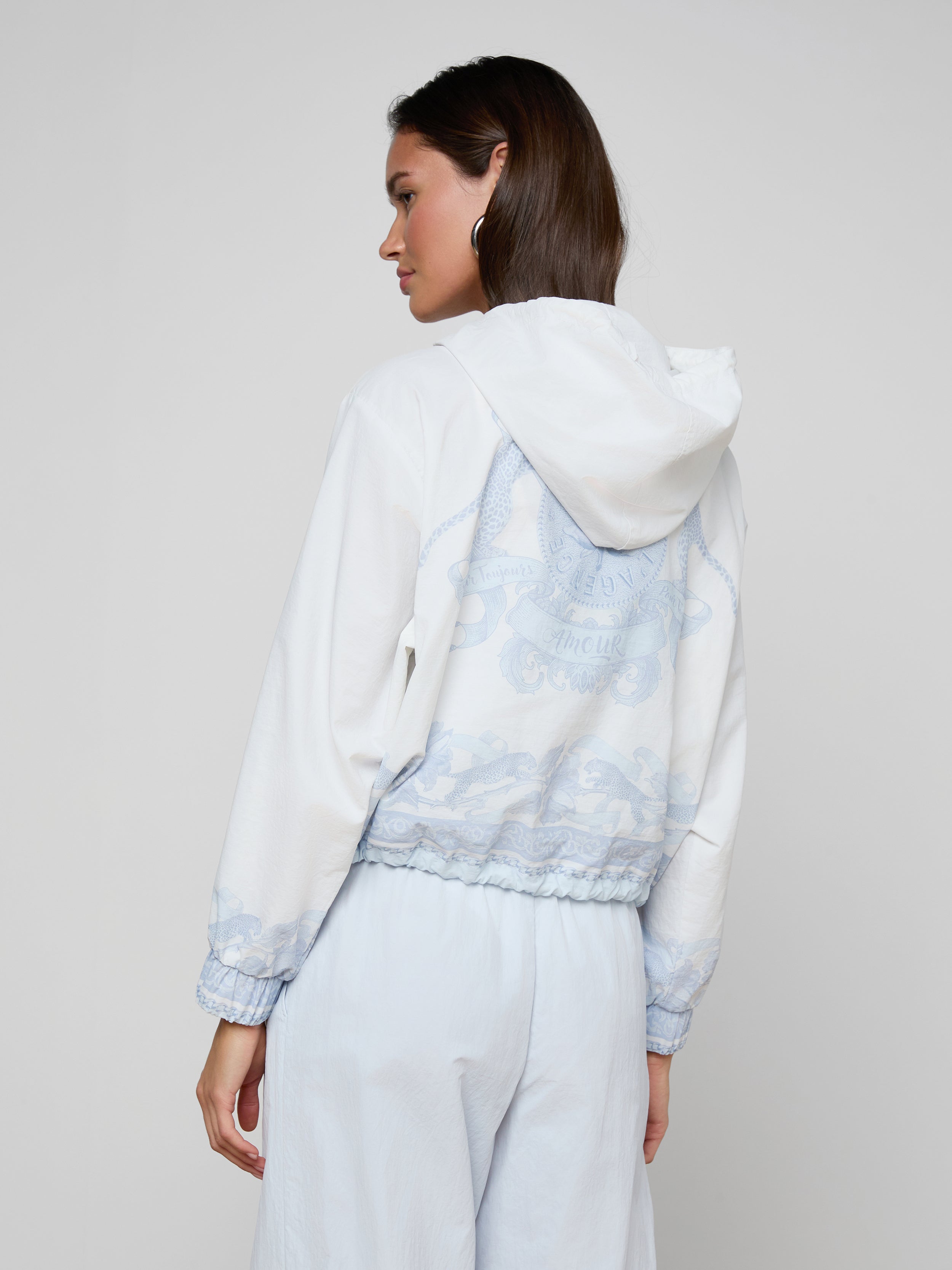 Miro Hooded Windbreaker In Pale Mist Blue Multi Leopard Scarf