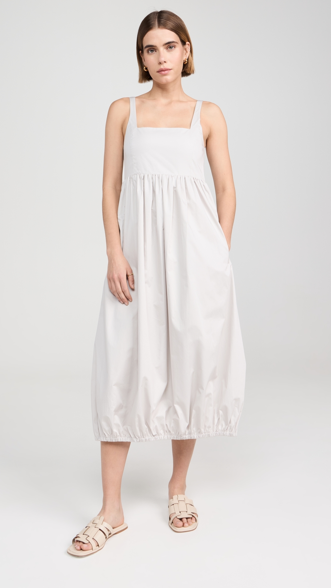 Eco Poplin Square Neck Sculpted Dress Stone