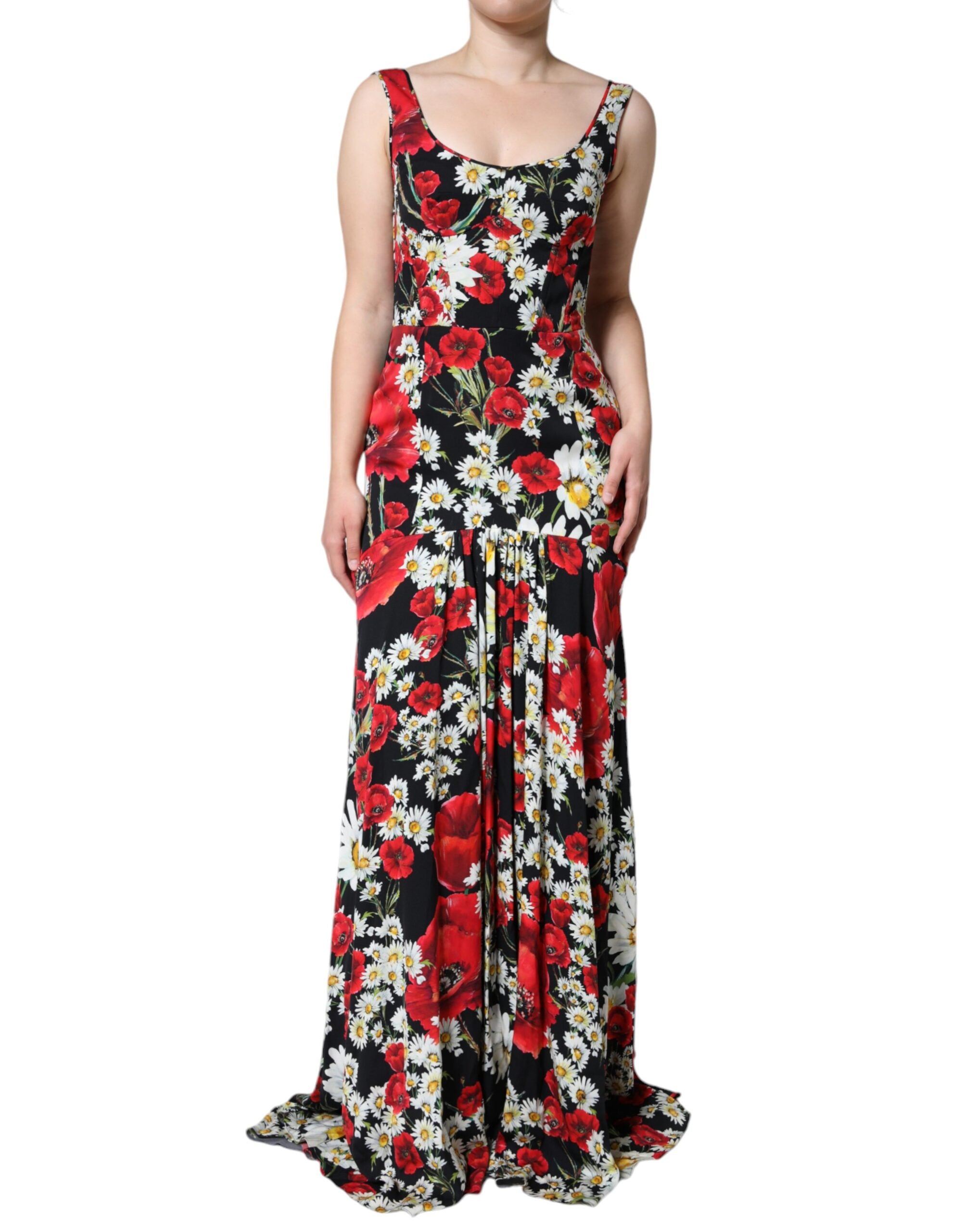 Floral Silk A-Line Dress — Black