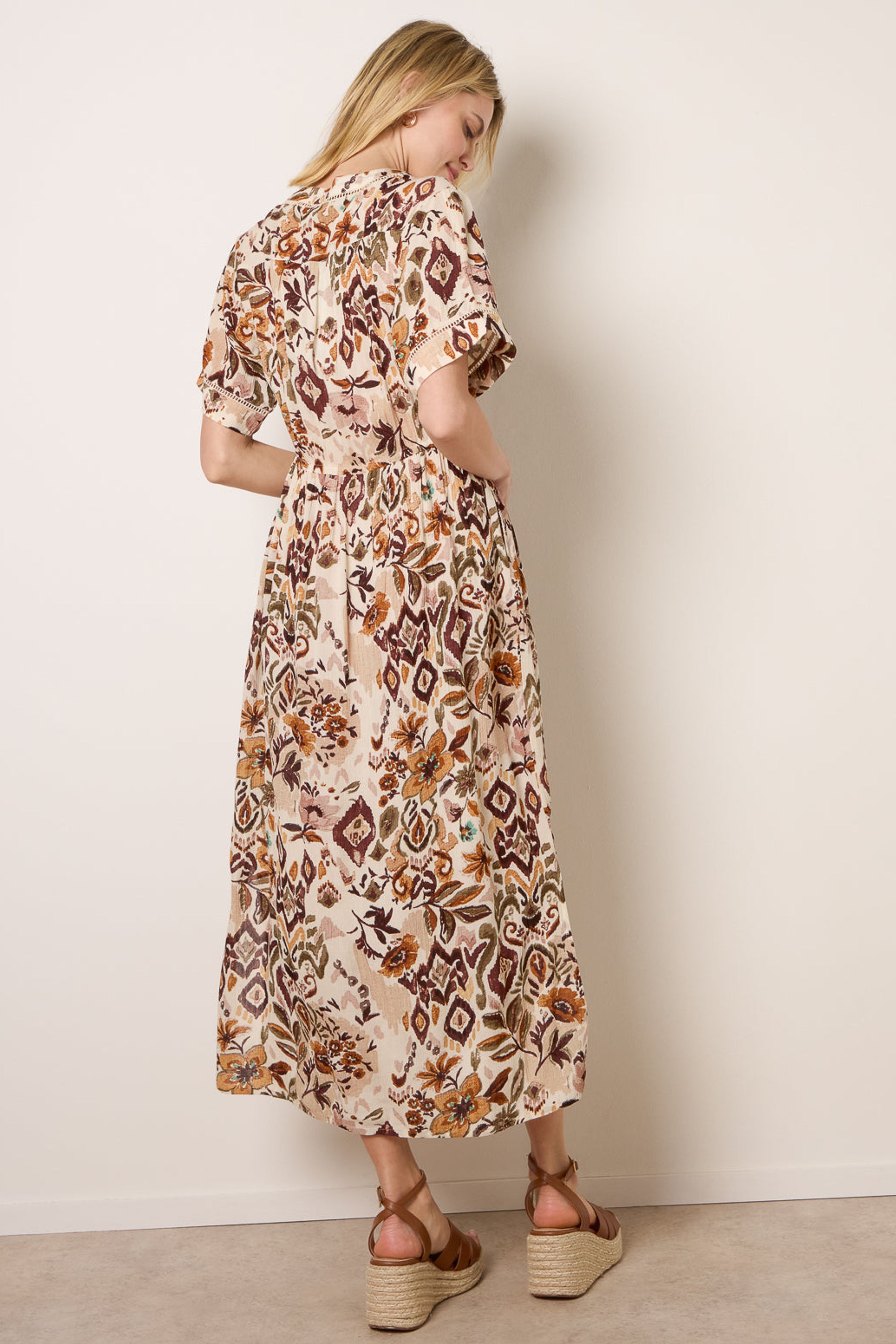 Blue Vanilla Women's Brown Printed Drawstring Waist Midi Dre