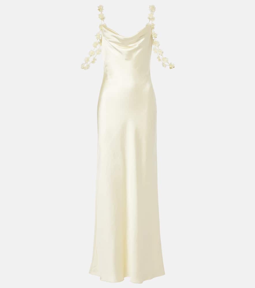 Self-Portrait Floral-appliqué satin maxi dress