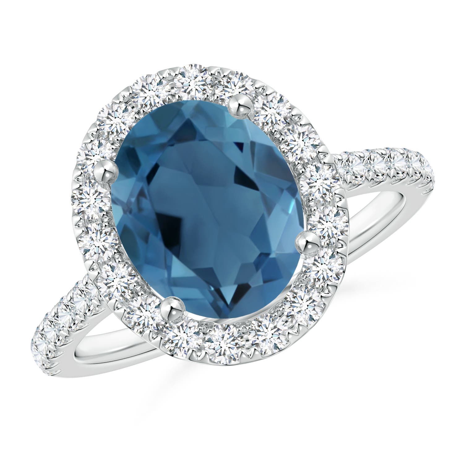 Angara 3.25 Carats Prong-Set Oval London Blue Topaz Halo Ring with Diamond Accents in Platinum