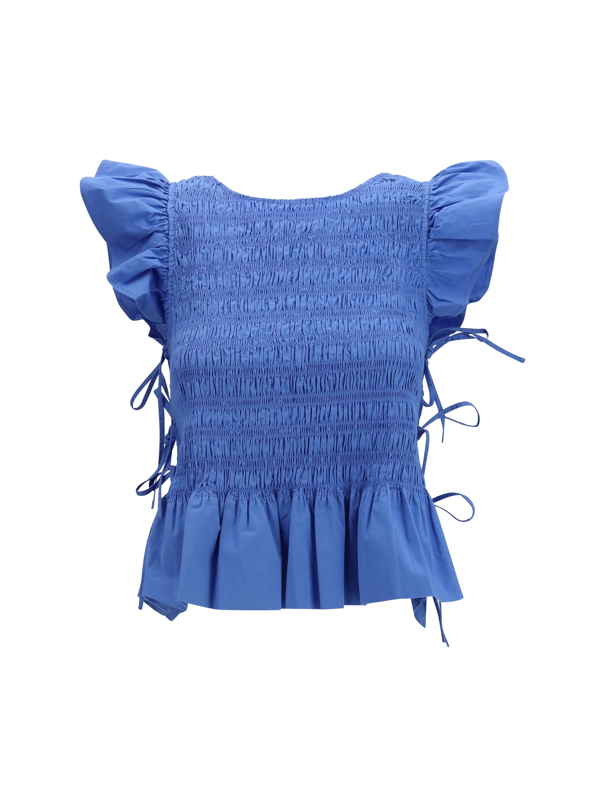 Ruched Cotton with Side Bows Blouse — Blue