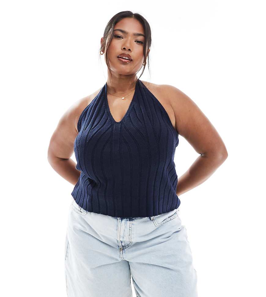 ASOS DESIGN Curve knit wide rib halter top in navy