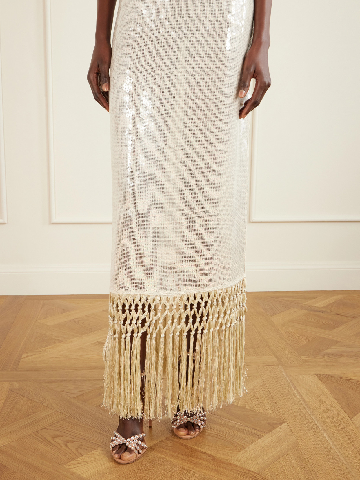 Agrigento Disco Fringed Sequined Cotton Gown - Off-white