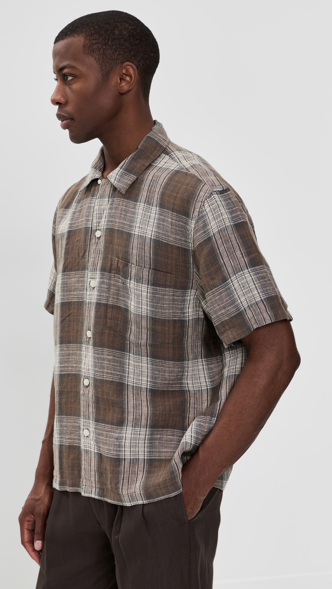 Short Sleeve Linen Top Plum Heritage Plaid