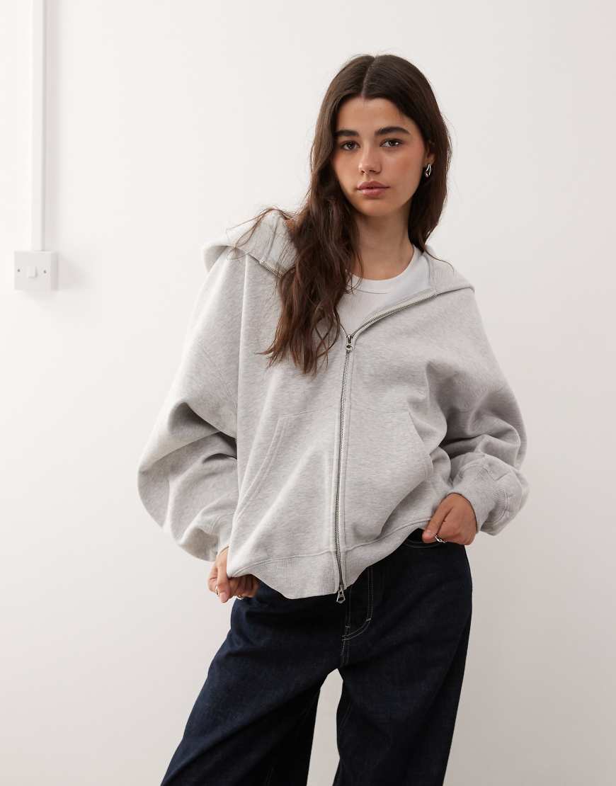 Oversized heavyweight zip through jersey hoodie in grey melange