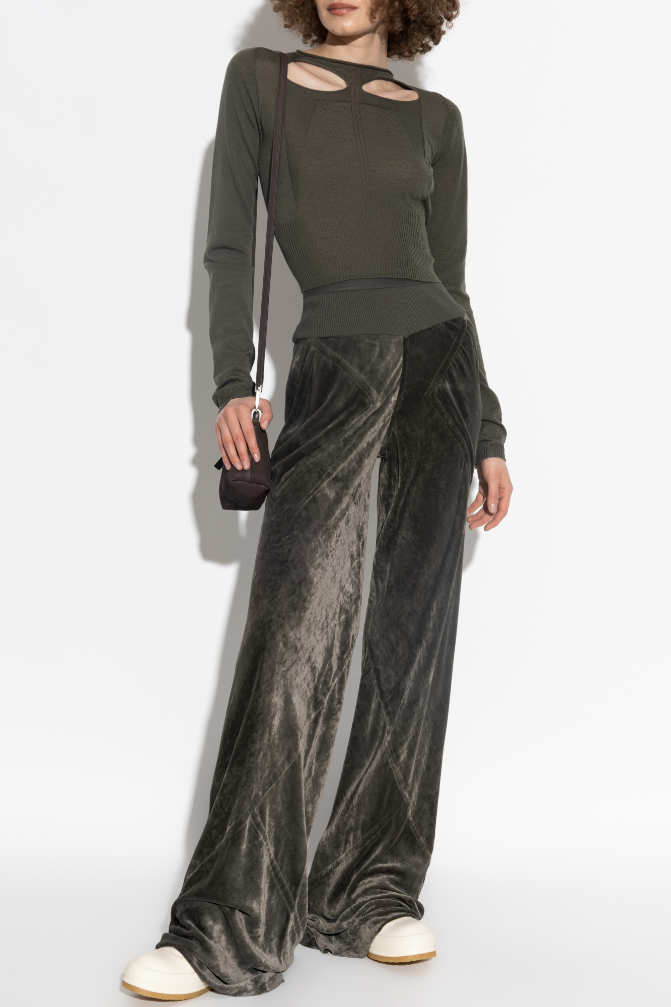 Velvet Wide-leg Trousers, Women's, Green