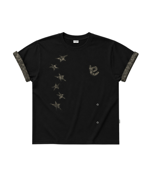 Star Camo Applique Point Roll-Up Short Sleeve T-Shirt White
