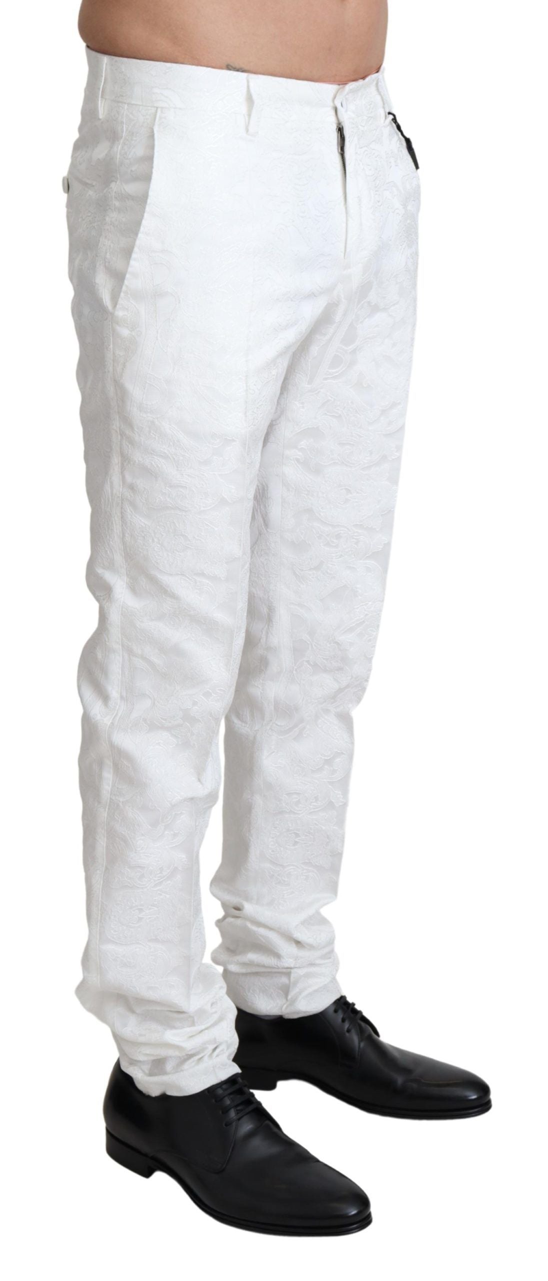 White Brocade Jacquard Trousers — White