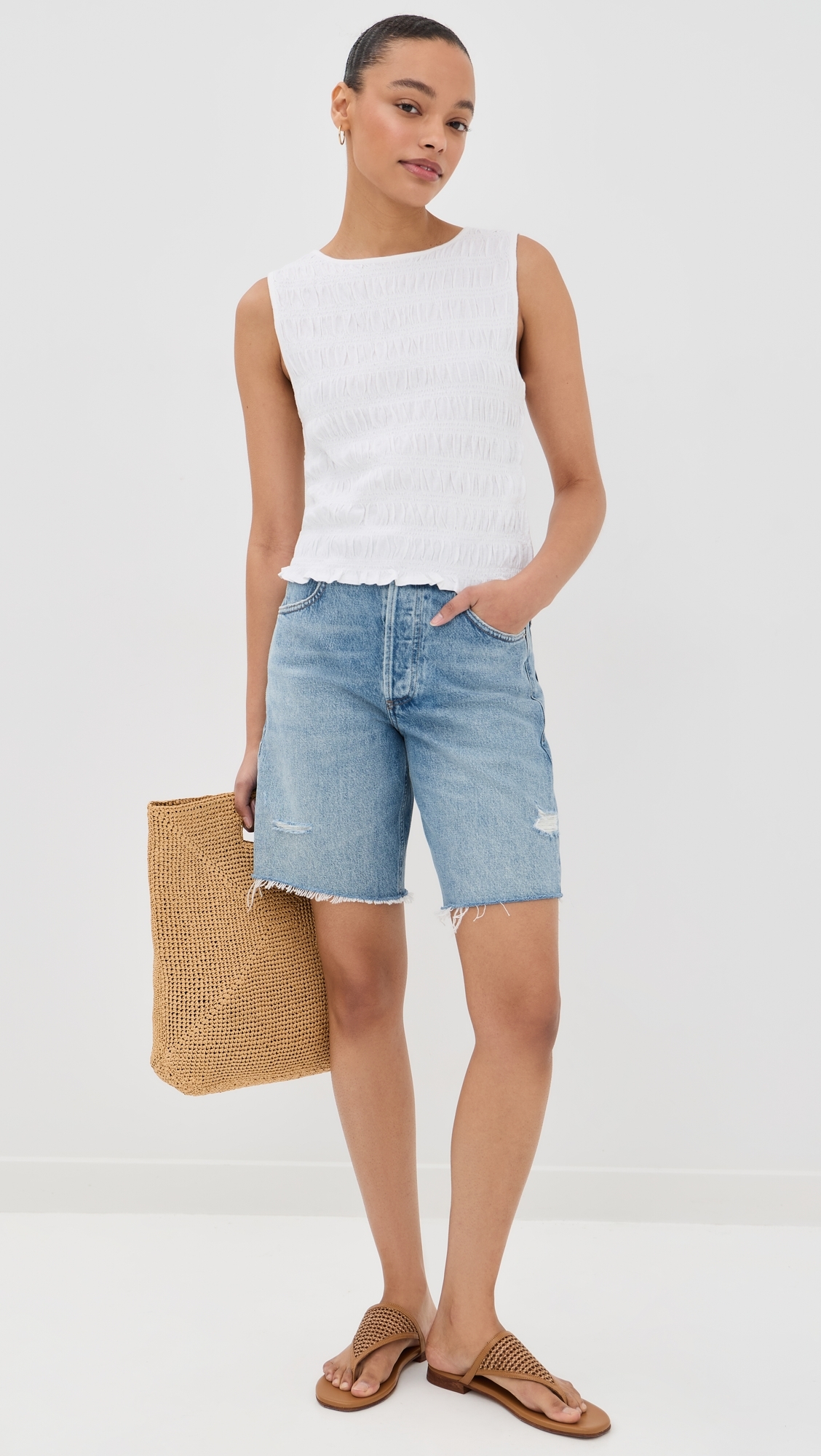 Smocked Boat Neck Tank White
