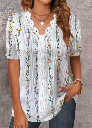 Modlily White Lace Floral Print Short Sleeve V Neck Blouse
